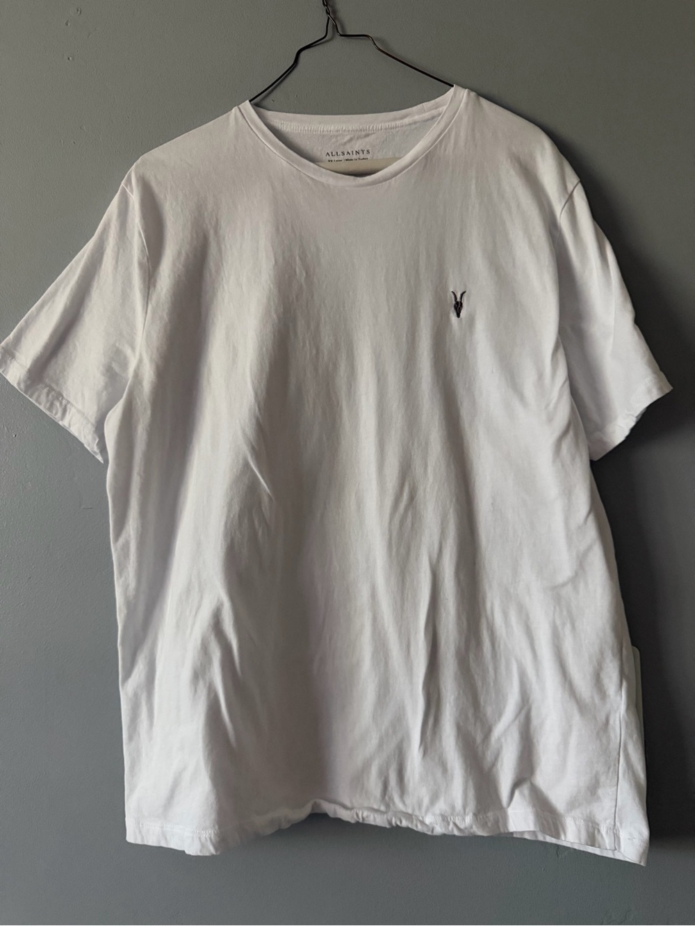 #006 All Saints White Short Sleeve Crew Tee with Black Ramskull Embroidery